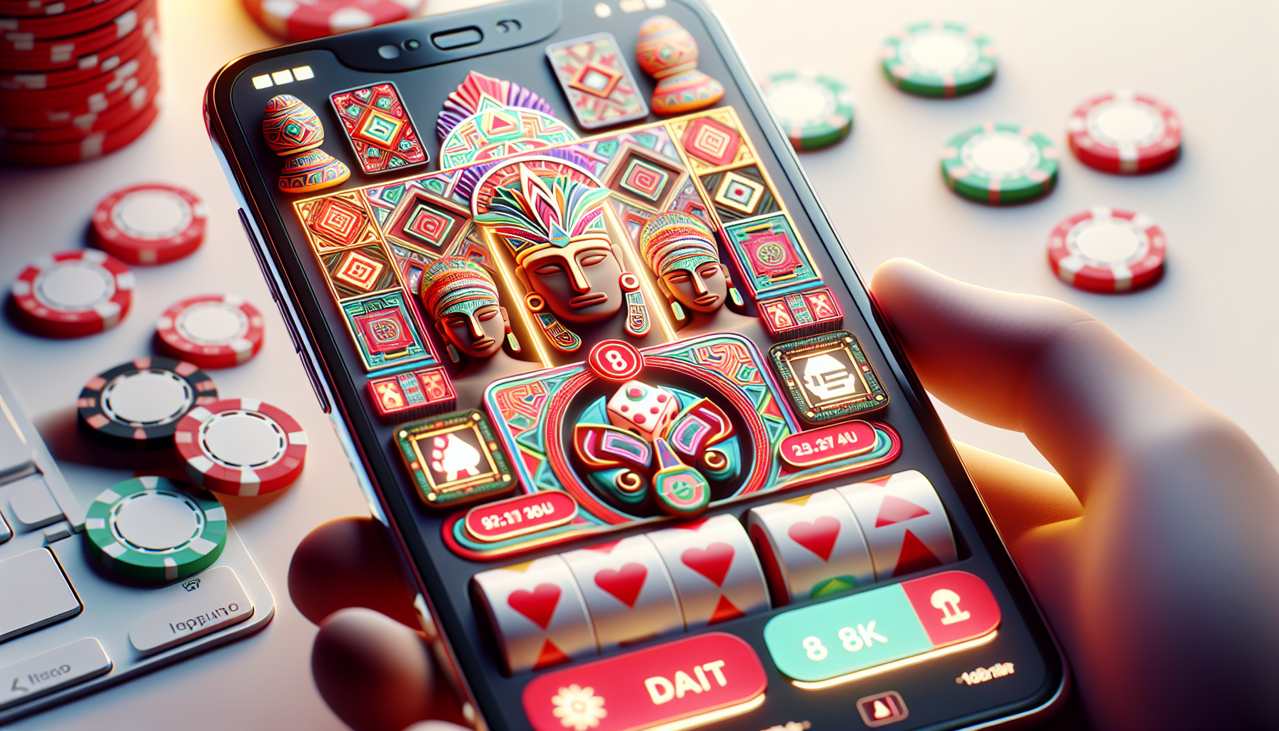 Interfaz amigable de la app Doradobet en un smartphone con símbolos peruanos y elementos de casino