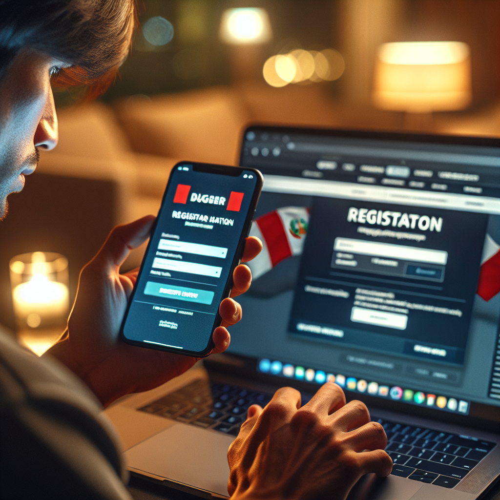Usuario peruano registrándose en DoradoBet desde un laptop y móvil.