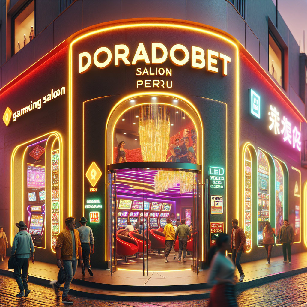 Fachada moderna de un local Doradobet en Perú, personas llegando y ambiente animado